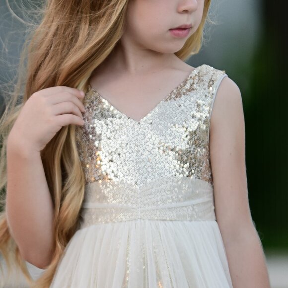 Gold sequin flower girl dress, Baby Toddler Formal Dress, Girls Tulle Dress #05 - Picture 4 of 6
